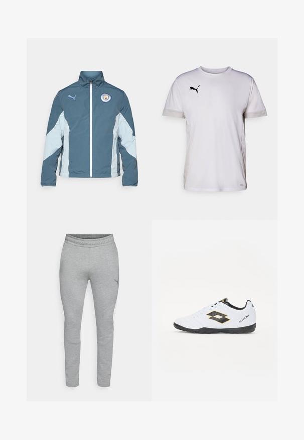 Kurtka typu windbreaker w ciemnym odcieniu teal i jasnym niebieskim, posiadająca zamek z przodu, wysoki kołnierz oraz logo Manchester City na piersi.; Biała koszulka sportowa z krótkim rękawem i okrągłym dekoltem, z oddychającymi wstawkami z siateczki po bokach oraz czarnym logo Pumy na piersi.; Szare dresy z teksturowanej tkaniny, elastycznym paskiem w talii i dopasowanym krojem. Posiadają białe boczne panele oraz małe logo na udzie.; Białe buty sportowe z czarnymi i żółtymi akcentami, z teksturowaną cholewką, okrągłym czubkiem i czarną gumową podeszwą. Projekt zawiera szczegół z logo po bokach.