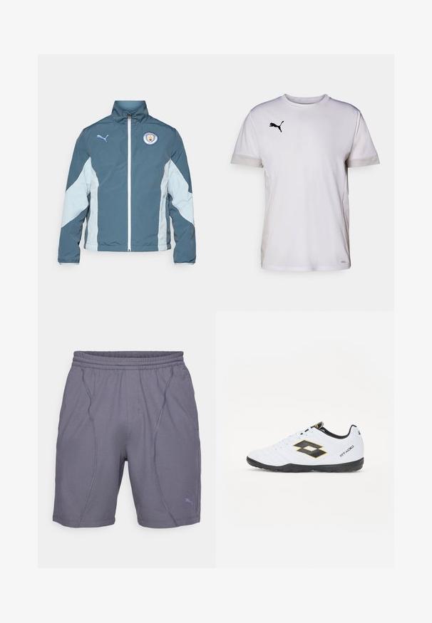 Sötét teal és világoskék szélálló dzseki, amely zipzárral, magas gallérral és a Manchester City logójával rendelkezik a mellkason.; Fehér, rövid ujjas sportpóló kerek nyakkivágással, légáteresztő hálós részletekkel az oldalán és fekete Puma logóval a mellkasán.; Szürke sportnadrág elasztikus derékrésszel, varrásokkal és egy kis logóval a bal alsó oldalon. Könnyű szövetből készült.; Fehér sportcipő fekete és sárga kiegészítőkkel, textúrázott felsőrésszel, kerek orral és fekete gumitalppal. A dizájn tartalmaz egy logó részletet az oldalon.
