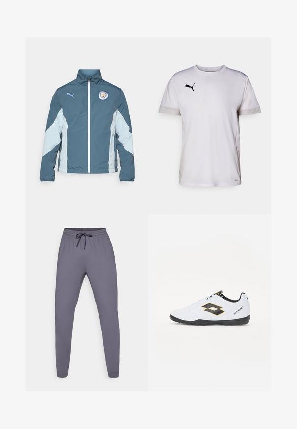 Windbreaker jacket in dark teal and light blue, featuring a zip front, high collar, and Manchester City logo on the chest.; White short-sleeve athletic shirt with a round neckline, featuring breathable mesh accents on the sides and a black Puma logo on the chest.; Gray athletic pants with an elastic waistband and drawstring. Smooth texture, tapered leg design, featuring a small logo on the side.; White sports shoes with black and yellow accents, featuring a textured upper, round toe, and a black rubber sole. The design includes a logo detail on the side.