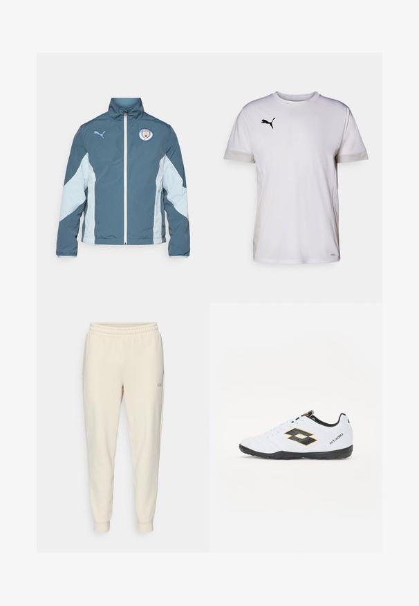Vēja pārtraucējs jaka tumši zaļā un gaiši zilā krāsā, ar priekšējo rāvējslēdzēju, augstu apkakli un Mančestras City logo uz krūtīm.; Balta īsām piedurknēm sporta krekls ar apaļu kakla izgriezumu, ar elpojošiem acs akcentiem sānos un melnu Puma logotipu krūtīs.; Gai beigā krāsā auduma bikses ar šņorēm, ar elastīgu jostasvietu, piegrieztiem potīšu galiem, sānu kabatām un mazu logotipu uz kreisā augšstilba.; Baltas sporta apavus ar melniem un dzelteniem akcentiem, ar teksturētu virsmu, apaļu purngalu un melnu gumijas zoli. Dizainā ir iekļauts logo elements sānos.