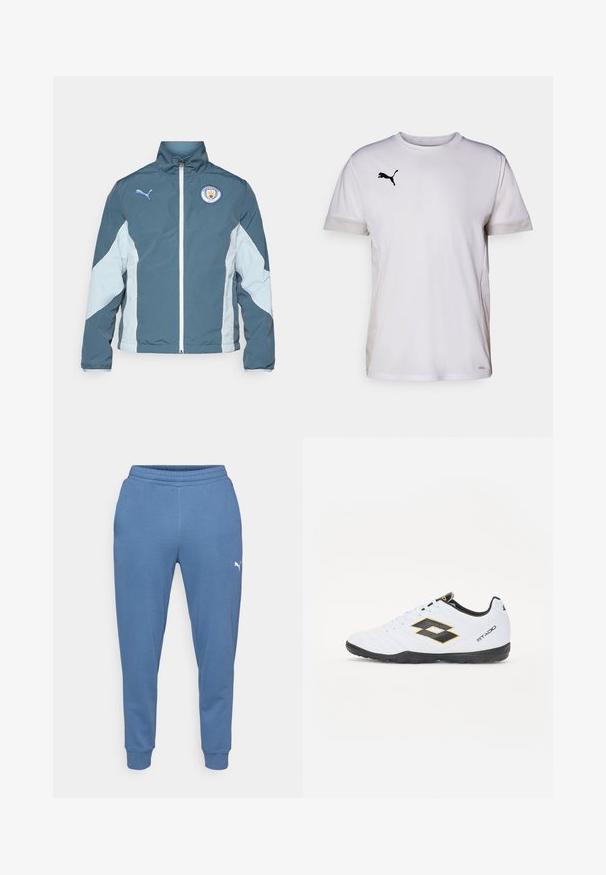 Jachetă windbreaker în albastru închis și albastru deschis, cu fermoar frontal, guler înalt și logo-ul Manchester City pe piept.; Cămașă sport albă cu mâneci scurte și guler rotund, având accente din plasă respirabilă pe laterale și un logo Puma negru pe piept.; Pantaloni de trening albaștri dintr-un material moale, cu un elastic la talie și picioare conice, având un mic logo alb pe coapsa stângă.; Pantofi sport albi cu accente negre și galbene, având un superior texturat, vârful rotund și o talpă din cauciuc negru. Designul include un detaliu cu logo pe lateral.
