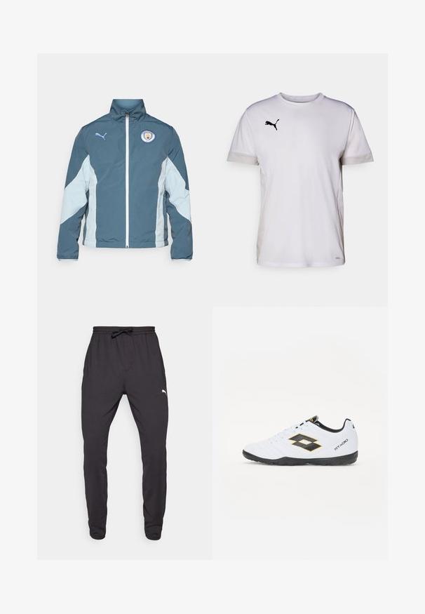 Windbreaker jas in donkerteal en lichtblauw, met een ritssluiting aan de voorkant, hoge kraag en het Manchester City logo op de borst.; Witte korte mouwen sportshirt met een ronde hals, voorzien van ademende mesh accenten aan de zijkanten en een zwart Puma-logo op de borst.; Zwarte sportieve broek van zachte stof, met een elastische tailleband met trekkoord, zijzakken en een klein logo op het onderbeen.; Witte sportschoenen met zwarte en gele accenten, met een gestructureerde bovenkant, ronde neus en een zwarte rubberen zool. Het ontwerp bevat een logo-detail aan de zijkant.