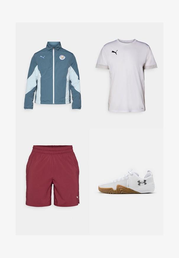 Vēja pārtraucējs jaka tumši zaļā un gaiši zilā krāsā, ar priekšējo rāvējslēdzēju, augstu apkakli un Mančestras City logo uz krūtīm.; Balta īsām piedurknēm sporta krekls ar apaļu kakla izgriezumu, ar elpojošiem acs akcentiem sānos un melnu Puma logotipu krūtīs.; Burgundijas sporta šorti ar elastīgu jostu, sānu kabatām un mazu baltu logotipu apakšējā labajā pusē. Gluda auduma tekstūra.; Balti sporta apavi ar sietu augšdaļu, gumijas zoli ar gumijas krāsu, teksturētām akcentiem un melnu logo sānos.
