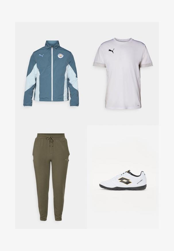 Vindjakke i mørk teal og lys blå, med lynlås fortil, høj krave og Manchester City-logo på brystet.; Hvid kortærmet træningsshirt med rund halsudskæring, der har åndbare mesh-detaljer i siderne og et sort Puma-logo på brystet.; Olivenfarvede sweatpants med elastisk talje og justerbar snor, der har en slank pasform og et diskret logo nær lommen.; Hvide sportsko med sorte og gule accenter, med en tekstureret overdel, rund tå og en sort gummisål. Designet inkluderer et logo-detalje på siden.
