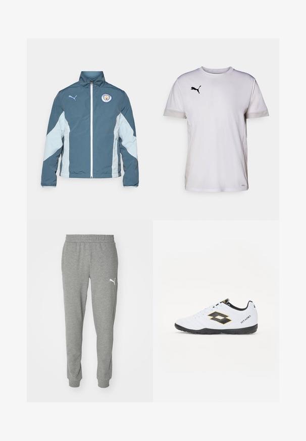 Vindjakke i mørk teal og lys blå, med glidelås foran, høy krage og Manchester City-logo på brystet.; Hvit kortermet atletisk skjorte med rund hals, som har pustende mesh-detaljer på sidene og en svart Puma-logo på brystet.; Grå joggebukser laget av myk stoff, med elastisk midjebånd, smale ben, og en hvit logo på venstre lår.; Hvite sportsko med svarte og gule detaljer, med en teksturert overflate, rund tå og en svart gummisåle. Designet inkluderer et logodetalj på siden.
