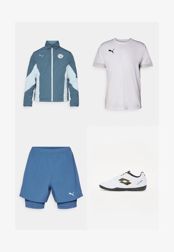 Vetrovka v temno teal in svetlo modri barvi, z zadrgo spredaj, visokim ovratnikom in logotipom Manchester City na prsih.; Bela športna majica s kratkimi rokavi in okroglim izrezom, ki vključuje zračne mrežaste dodatke na straneh ter črni Puma logo na prsih.; Puma modri atletski kratki hlače z večslojnim dizajnom, ki vsebujejo elastičen pas, gladko teksturo in bel logo na spodnjem delu noge.; Bele športne čevlje z črnimi in rumenimi detajli, z teksturiranim zgornjim delom, okroglo konico in črnim gumijastim podplatom. Oblikovanje vključuje logotip na strani.
