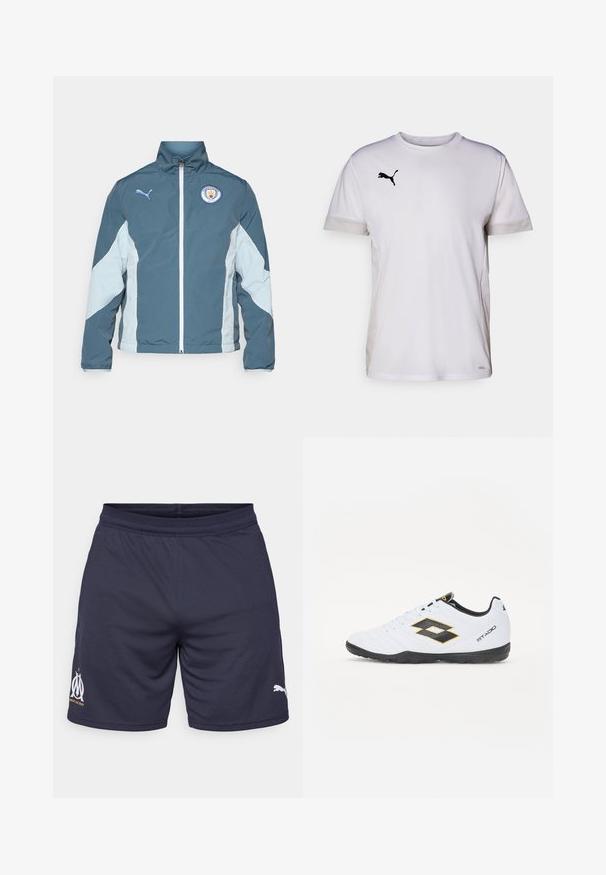 Kurtka typu windbreaker w ciemnym odcieniu teal i jasnym niebieskim, posiadająca zamek z przodu, wysoki kołnierz oraz logo Manchester City na piersi.; Biała koszulka sportowa z krótkim rękawem i okrągłym dekoltem, z oddychającymi wstawkami z siateczki po bokach oraz czarnym logo Pumy na piersi.; Granatowe spodenki sportowe wykonane z lekkiego, oddychającego materiału. Posiadają siateczkowy pas, nadruki logo oraz kontrastowe akcenty.; Białe buty sportowe z czarnymi i żółtymi akcentami, z teksturowaną cholewką, okrągłym czubkiem i czarną gumową podeszwą. Projekt zawiera szczegół z logo po bokach.