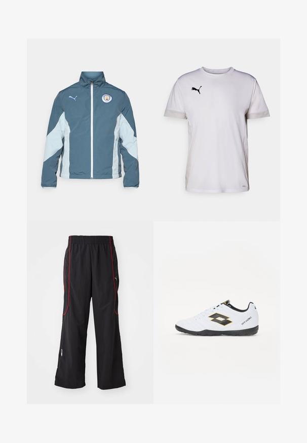 Windbreaker jacket in dark teal and light blue, featuring a zip front, high collar, and Manchester City logo on the chest.; White short-sleeve athletic shirt with a round neckline, featuring breathable mesh accents on the sides and a black Puma logo on the chest.; Black athletic pants with an elastic waist, red side piping, zippered pockets, and a loose fit. Made of lightweight, textured material.; White sports shoes with black and yellow accents, featuring a textured upper, round toe, and a black rubber sole. The design includes a logo detail on the side.