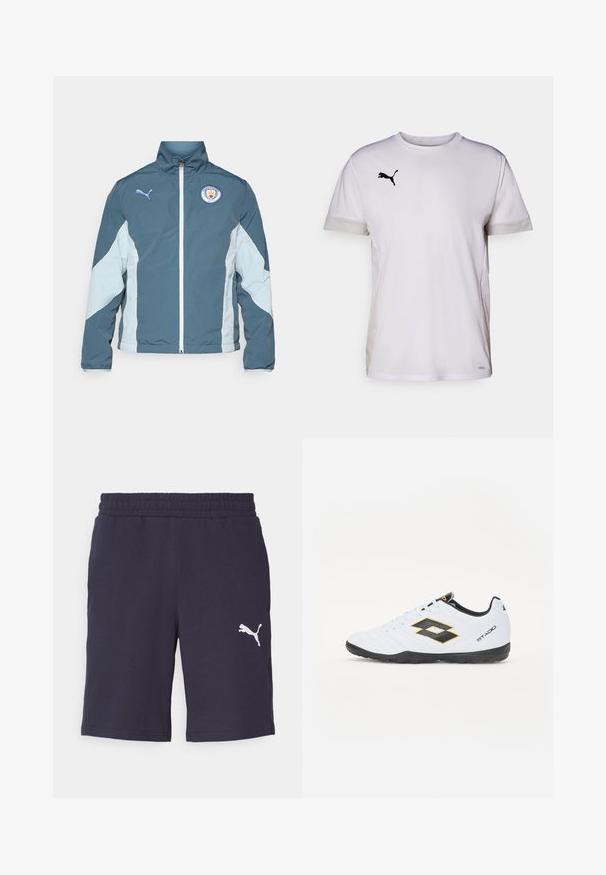 Tume smaragdrohe ja helesinise tuulejope, millel on tõmblukk, kõrge krae ja Manchester City logo rinnal.; Valge lühikeste varrukatega spordipaita ümmarguse kaelusega, külgedel hingavate võrgumaterjalide aktsentidega ja musta Puma logo rinnal.; Tumed sinine lühike püksid pehmest kangast, millel on elastne vöökoht. Vasakul jalal on valge Puma logo. Standardne lõige, põlvekõrgune disain.; Valged spordijalatsid mustade ja kollaste aktsentidega, millel on tekstuuriga pealisosa, ümmargune nina ja must kummist tallad. Disain sisaldab logo detaile külgedel.