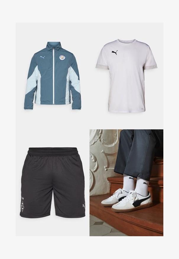 Tume smaragdrohe ja helesinise tuulejope, millel on tõmblukk, kõrge krae ja Manchester City logo rinnal.; Valge lühikeste varrukatega spordipaita ümmarguse kaelusega, külgedel hingavate võrgumaterjalide aktsentidega ja musta Puma logo rinnal.; Mustad mustad lühikesed püksid elastse vöökoha, võrkpaneelide ja logoga vasakul jalal. Valmistatud kergest ja hingavast kangast.; Puma tossud valgest ja mustast südamikust, millel on pruun kummi tall. Kombineeritud valgete sokkidega, millel on must logo, kantud tumedate pükstega.