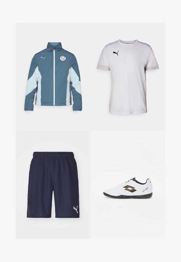 Chaqueta cortavientos en azul oscuro y azul claro, con cierre de cremallera en la parte delantera, cuello alto y el logo del Manchester City en el pecho.; Camiseta atlética blanca de manga corta con cuello redondo, que cuenta con acentos de malla transpirable en los lados y un logo negro de Puma en el pecho.; Pantalones cortos deportivos de color navy, hechos de una tela ligera, con una cintura elástica y un logotipo reflectante en la parte inferior izquierda.; Zapatillas deportivas blancas con acentos en negro y amarillo, que cuentan con un upper texturizado, punta redonda y suela de goma negra. El diseño incluye un detalle de logo en el lateral.