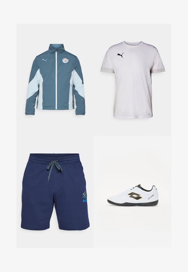 Tume smaragdrohe ja helesinise tuulejope, millel on tõmblukk, kõrge krae ja Manchester City logo rinnal.; Valge lühikeste varrukatega spordipaita ümmarguse kaelusega, külgedel hingavate võrgumaterjalide aktsentidega ja musta Puma logo rinnal.; Tumesinised lühikesed püksid, millel on nööriga vöökoht, milles on rohelise ja sinise triibuga lint. Küljel on mitmevärviline logo.; Valged spordijalatsid mustade ja kollaste aktsentidega, millel on tekstuuriga pealisosa, ümmargune nina ja must kummist tallad. Disain sisaldab logo detaile külgedel.