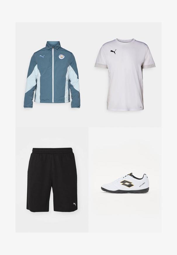 Tamsiai mėlynas ir šviesiai mėlynas vėjavėju, turintis užtrauktuką priekyje, aukštą apykaklę ir Mančesterio miesto logotipą ant krūtinės.; Baltas trumpomis rankovėmis sportinis marškinėliai su apvali apykakle, su orui pralaidžiais tinkleliais šonuose ir juodu Puma logotipu ant krūtinės.; Juodi sportiniai šortai, pagaminti iš minkštos medžiagos, su elastinga juosta, šoninėmis kišenėmis ir mažuoju atspindinčiu logotipu kairėje apatinėje dalyje.; Baltos sportinės bateliai su juodais ir geltonais akcentais, turintys tekstūruotą viršutinę dalį, apvalią nosį ir juodą guminius padus. Dizainas apima logotipo detalę šone.