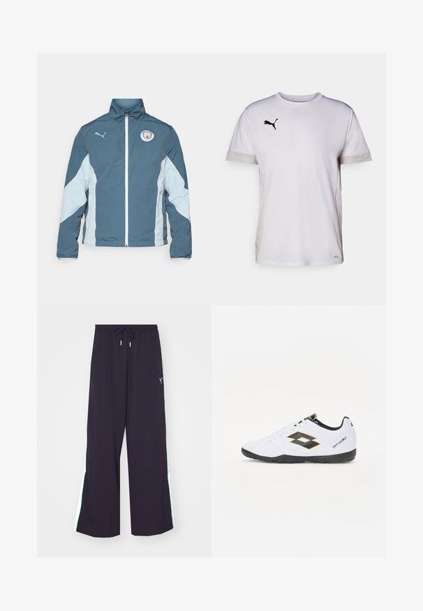Bunda na vetry v tmavom teal a svetlom modrom, s predným zipsom, vysokým golierom a logom Manchester City na hrudi.; Biele krátke tričko s krátkym rukávom športového strihu s okrúhlym výstrihom, so vzdušnými sieťovinovými detailmi na bokoch a čiernym logom Puma na hrudi.; Čierne široké nohavice vyrobené z ľahkej tkaniny. Majú elastický pás so šnúrkou a kontrastné zelené bočné pruhy s logom.; Biele športové topánky s čiernymi a žltými akcentmi, s textúrovaným zvrškom, okrúhlou špičkou a čiernou gumovou podrážkou. Dizajn obsahuje logo detail na boku.