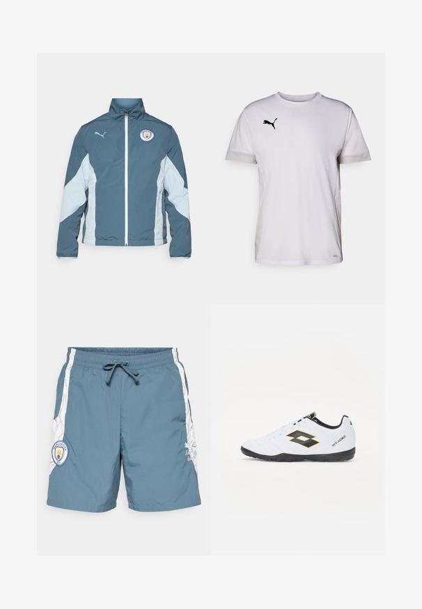 Tume smaragdrohe ja helesinise tuulejope, millel on tõmblukk, kõrge krae ja Manchester City logo rinnal.; Valge lühikeste varrukatega spordipaita ümmarguse kaelusega, külgedel hingavate võrgumaterjalide aktsentidega ja musta Puma logo rinnal.; Meeste ujumispüksid teal värvuses, elastse vöökoha ja nööriga, valgete külgeheitega ning Manchester City logo pääsmega.; Valged spordijalatsid mustade ja kollaste aktsentidega, millel on tekstuuriga pealisosa, ümmargune nina ja must kummist tallad. Disain sisaldab logo detaile külgedel.