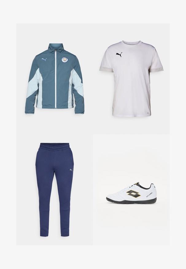 Vindjakke i mørk teal og lys blå, med lynlås fortil, høj krave og Manchester City-logo på brystet.; Hvid kortærmet træningsshirt med rund halsudskæring, der har åndbare mesh-detaljer i siderne og et sort Puma-logo på brystet.; Marineblå joggere lavet af blødt stof, der har et tapered design, elastisk talje og et diskret logo på venstre side.; Hvide sportsko med sorte og gule accenter, med en tekstureret overdel, rund tå og en sort gummisål. Designet inkluderer et logo-detalje på siden.