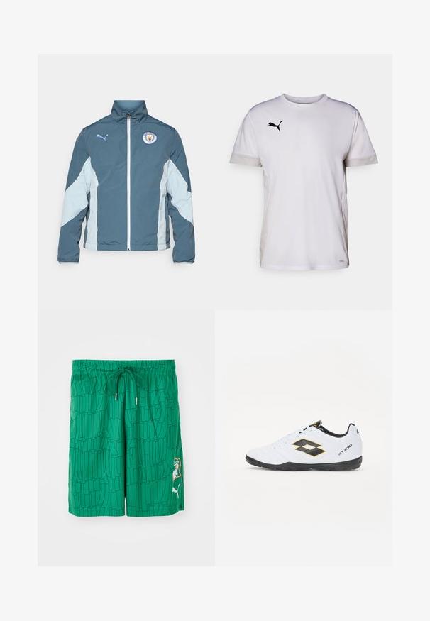 Vēja pārtraucējs jaka tumši zaļā un gaiši zilā krāsā, ar priekšējo rāvējslēdzēju, augstu apkakli un Mančestras City logo uz krūtīm.; Balta īsām piedurknēm sporta krekls ar apaļu kakla izgriezumu, ar elpojošiem acs akcentiem sānos un melnu Puma logotipu krūtīs.; Zaļi peldēšanas šorti ar teksturētu rakstu, elastīgu jostasvietu un auklu. Satur logo plāksteri sānos un kontrastējošus apdari.; Baltas sporta apavus ar melniem un dzelteniem akcentiem, ar teksturētu virsmu, apaļu purngalu un melnu gumijas zoli. Dizainā ir iekļauts logo elements sānos.