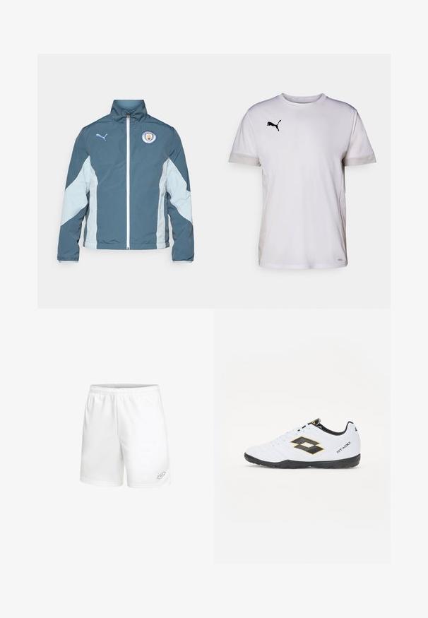 Chaqueta cortavientos en azul oscuro y azul claro, con cierre de cremallera en la parte delantera, cuello alto y el logo del Manchester City en el pecho.; Camiseta atlética blanca de manga corta con cuello redondo, que cuenta con acentos de malla transpirable en los lados y un logo negro de Puma en el pecho.; Lotto SQUADRA III 7IN - Pantalón corto de deporte - weiss; Zapatillas deportivas blancas con acentos en negro y amarillo, que cuentan con un upper texturizado, punta redonda y suela de goma negra. El diseño incluye un detalle de logo en el lateral.