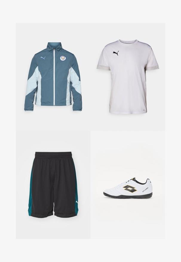 Vindjakke i mørk teal og lys blå, med glidelås foran, høy krage og Manchester City-logo på brystet.; Hvit kortermet atletisk skjorte med rund hals, som har pustende mesh-detaljer på sidene og en svart Puma-logo på brystet.; Puma SHOT BLOCKER SHORT - Sports shorts - black/cold green; Hvite sportsko med svarte og gule detaljer, med en teksturert overflate, rund tå og en svart gummisåle. Designet inkluderer et logodetalj på siden.