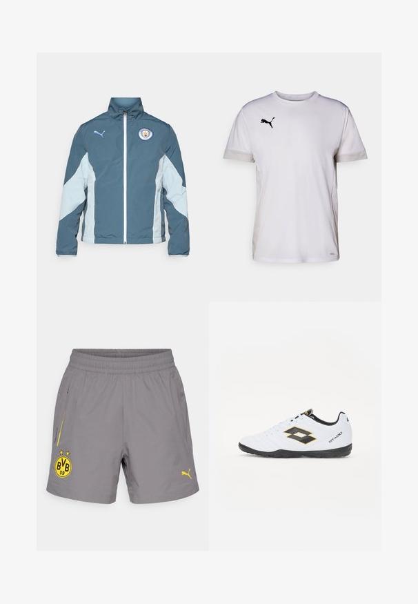 Tuulitakki tummansinisessä ja vaaleansinisessä, jossa on vetoketjukiinnitys, korkea kaulus ja Manchester Cityn logo rinnassa.; Valkoinen lyhythihainen urh-Shirt, jossa on pyöreä pääntie, ja sivuilla hengittäviä verkkomateriaaleja sekä musta Puma-logo rinnassa.; Harmaat urheilushortsit, jotka on valmistettu kevyestä materiaalista. Ominaisuuksiin kuuluvat keltaiset yksityiskohdat ja logot, joustava vyötärö ja kaksi sivutaskua.; Valkoiset urheilukengät mustilla ja keltaisilla yksityiskohdilla, joissa on teksturoitu päällinen, pyöreä kärki ja musta kumipohja. Suunnittelussa on logotieto sivulla.