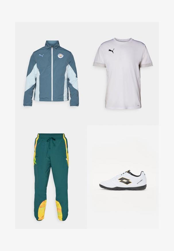 Vindjakke i mørk teal og lys blå, med lynlås fortil, høj krave og Manchester City-logo på brystet.; Hvid kortærmet træningsshirt med rund halsudskæring, der har åndbare mesh-detaljer i siderne og et sort Puma-logo på brystet.; Teal lette joggere med snor i taljen. Har gule sidelægger og detaljer, samt et multifarvet mønster på underbenene.; Hvide sportsko med sorte og gule accenter, med en tekstureret overdel, rund tå og en sort gummisål. Designet inkluderer et logo-detalje på siden.