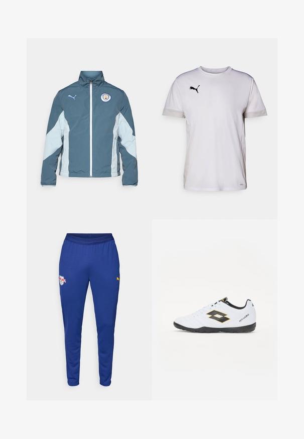 Vetrovka v temno teal in svetlo modri barvi, z zadrgo spredaj, visokim ovratnikom in logotipom Manchester City na prsih.; Bela športna majica s kratkimi rokavi in okroglim izrezom, ki vključuje zračne mrežaste dodatke na straneh ter črni Puma logo na prsih.; Modre športne hlače iz lahkega materiala, z elastičnim pasom, stranskimi žepi in belimi ter rumenimi odtisi logotipov.; Bele športne čevlje z črnimi in rumenimi detajli, z teksturiranim zgornjim delom, okroglo konico in črnim gumijastim podplatom. Oblikovanje vključuje logotip na strani.