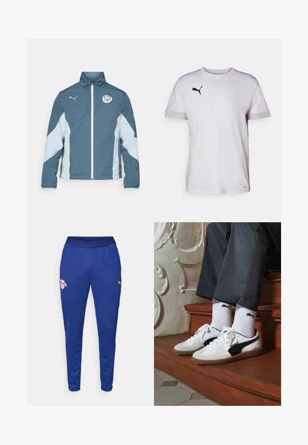 Windbreaker-Jacke in Dunkelblau und Hellblau, mit durchgehendem Reißverschluss, hohem Kragen und dem Manchester City-Logo auf der Brust.; Weißes kurzärmeliges Sportshirt mit Rundhalsausschnitt, ausgestattet mit atmungsaktiven Netzdetails an den Seiten und einem schwarzen Puma-Logo auf der Brust.; Blaue Sporthosen aus leichtem Material, mit elastischem Bund, Seitentaschen und Logos in weißen und gelben Akzenten.; Puma-Sneaker aus weißem und schwarzem Wildleder mit einer braunen Gummisohle. Kombiniert mit weißen Socken, die ein schwarzes Logo zeigen, getragen zu dunklen Hosen.