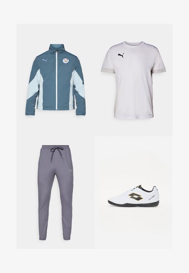 Vindjakke i mørk teal og lys blå, med lynlås fortil, høj krave og Manchester City-logo på brystet.; Hvid kortærmet træningsshirt med rund halsudskæring, der har åndbare mesh-detaljer i siderne og et sort Puma-logo på brystet.; Grå atletiske bukser med en tætsiddende pasform, lavet af blødt stof. Har en snoretræk i taljen og et lille neongrønt logo foran.; Hvide sportsko med sorte og gule accenter, med en tekstureret overdel, rund tå og en sort gummisål. Designet inkluderer et logo-detalje på siden.