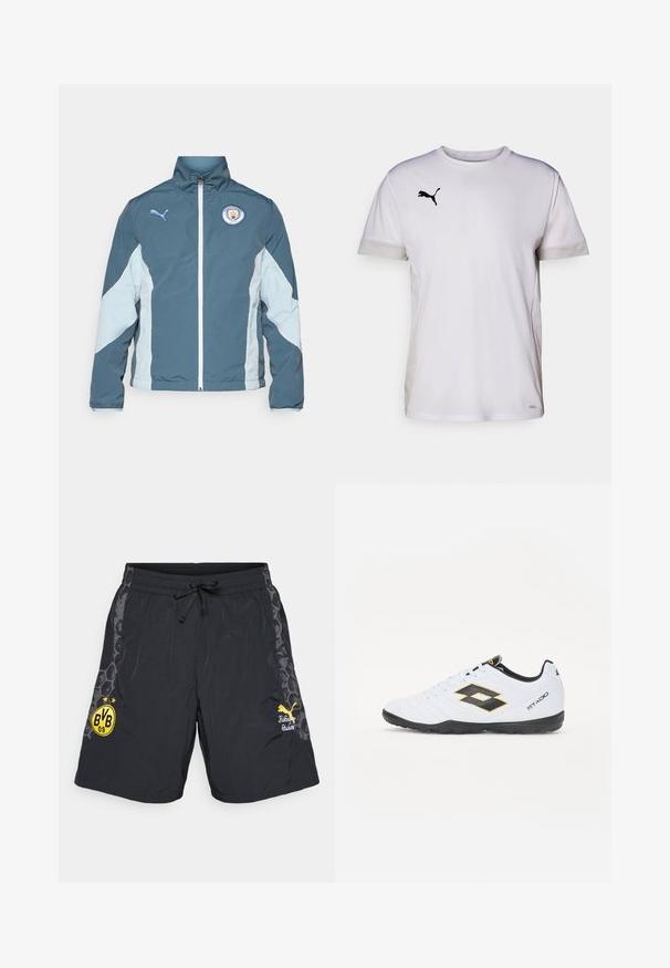 Chaqueta cortavientos en azul oscuro y azul claro, con cierre de cremallera en la parte delantera, cuello alto y el logo del Manchester City en el pecho.; Camiseta atlética blanca de manga corta con cuello redondo, que cuenta con acentos de malla transpirable en los lados y un logo negro de Puma en el pecho.; Pantalones cortos deportivos negros con cintura elástica y cordón. Presentan el logo del club en amarillo y gráficos de acento en los lados. Material ligero.; Zapatillas deportivas blancas con acentos en negro y amarillo, que cuentan con un upper texturizado, punta redonda y suela de goma negra. El diseño incluye un detalle de logo en el lateral.