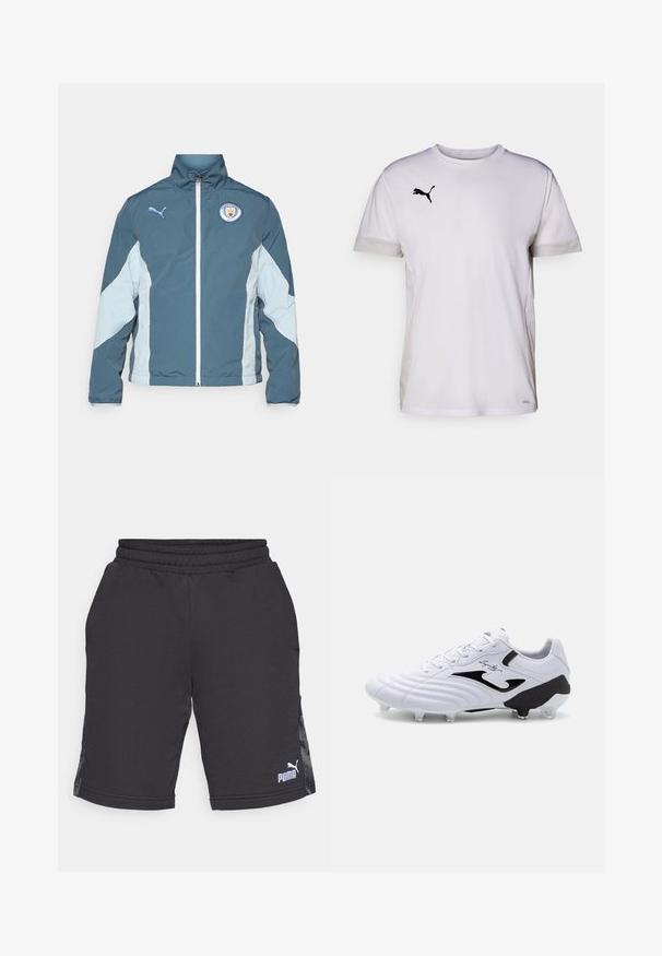 Bunda s větrovkou v tmavě modré a světle modré barvě, vybavená zipovým uzávěrem, vysokým límcem a logem Manchester City na hrudi.; Bílé atletické tričko s krátkým rukávem a kulatým výstřihem, disponující prodyšnými síťovanými detaily po stranách a černým logem Puma na hrudi.; Černé sportovní šortky vyrobené z hladké tkaniny, s ribbovaným pasem a bočními panely s jemným vzorem. Logo Puma na dolním pravém rohu.; Bílé fotbalové kopačky s texturovaným syntetickým svrškem, černými akcenty, zavazováním na tkaničky a šesti průhlednými špičkami na černé podešvi pro lepší trakci.