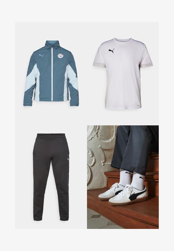 Sötét teal és világoskék szélálló dzseki, amely zipzárral, magas gallérral és a Manchester City logójával rendelkezik a mellkason.; Fehér, rövid ujjas sportpóló kerek nyakkivágással, légáteresztő hálós részletekkel az oldalán és fekete Puma logóval a mellkasán.; Fekete melegítőnadrág, puha anyagból készült, húzózsinóros derékkal, oldalsó zsebekkel és diszkrét logóval a bal combon.; Fehér és fekete velúr Puma sportcipők, barna gumitalppal. Fehér zoknival párosítva, amely fekete logót visel, sötét nadrággal kombinálva.