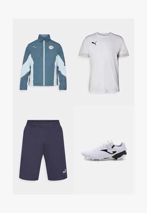 Tuulitakki tummansinisessä ja vaaleansinisessä, jossa on vetoketjukiinnitys, korkea kaulus ja Manchester Cityn logo rinnassa.; Valkoinen lyhythihainen urh-Shirt, jossa on pyöreä pääntie, ja sivuilla hengittäviä verkkomateriaaleja sekä musta Puma-logo rinnassa.; Navy siniset urheilushortsit, jotka on valmistettu pehmeästä kankaasta, joissa on joustava vyötärönauha ja valkoinen Puma-logo vasemmassa alakulmassa.; Valkoinen jalkapallokenkä, jossa on teksturoitu synteettinen päällinen, mustat yksityiskohdat, nauhakiinnitys ja kuusi läpinäkyvää nappia mustalla pohjalla pidon parantamiseksi.