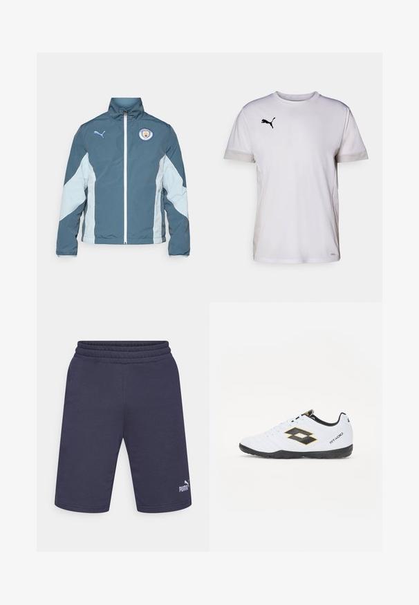 Vetrovka v temno teal in svetlo modri barvi, z zadrgo spredaj, visokim ovratnikom in logotipom Manchester City na prsih.; Bela športna majica s kratkimi rokavi in okroglim izrezom, ki vključuje zračne mrežaste dodatke na straneh ter črni Puma logo na prsih.; Mornarsko modri atletski hlače iz mehkega blaga, z elastičnim pasom in belim logotipom Puma na spodnji levi strani.; Bele športne čevlje z črnimi in rumenimi detajli, z teksturiranim zgornjim delom, okroglo konico in črnim gumijastim podplatom. Oblikovanje vključuje logotip na strani.