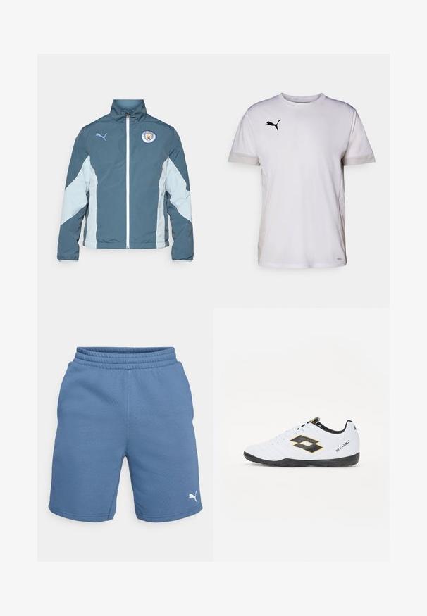 Tume smaragdrohe ja helesinise tuulejope, millel on tõmblukk, kõrge krae ja Manchester City logo rinnal.; Valge lühikeste varrukatega spordipaita ümmarguse kaelusega, külgedel hingavate võrgumaterjalide aktsentidega ja musta Puma logo rinnal.; Sinised sportlikud lühikesed püksid elastse vöökohtaga, siledast materjalist, valge Puma logo paremas alumises sääres.; Valged spordijalatsid mustade ja kollaste aktsentidega, millel on tekstuuriga pealisosa, ümmargune nina ja must kummist tallad. Disain sisaldab logo detaile külgedel.
