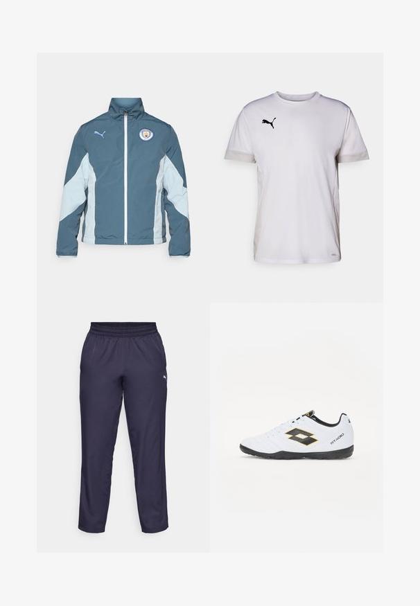 Kurtka typu windbreaker w ciemnym odcieniu teal i jasnym niebieskim, posiadająca zamek z przodu, wysoki kołnierz oraz logo Manchester City na piersi.; Biała koszulka sportowa z krótkim rękawem i okrągłym dekoltem, z oddychającymi wstawkami z siateczki po bokach oraz czarnym logo Pumy na piersi.; Navy atletki wykonane z lekkiego materiału, z elastycznym paskiem w talii i małym białym logo po lewej stronie. Gładka struktura.; Białe buty sportowe z czarnymi i żółtymi akcentami, z teksturowaną cholewką, okrągłym czubkiem i czarną gumową podeszwą. Projekt zawiera szczegół z logo po bokach.