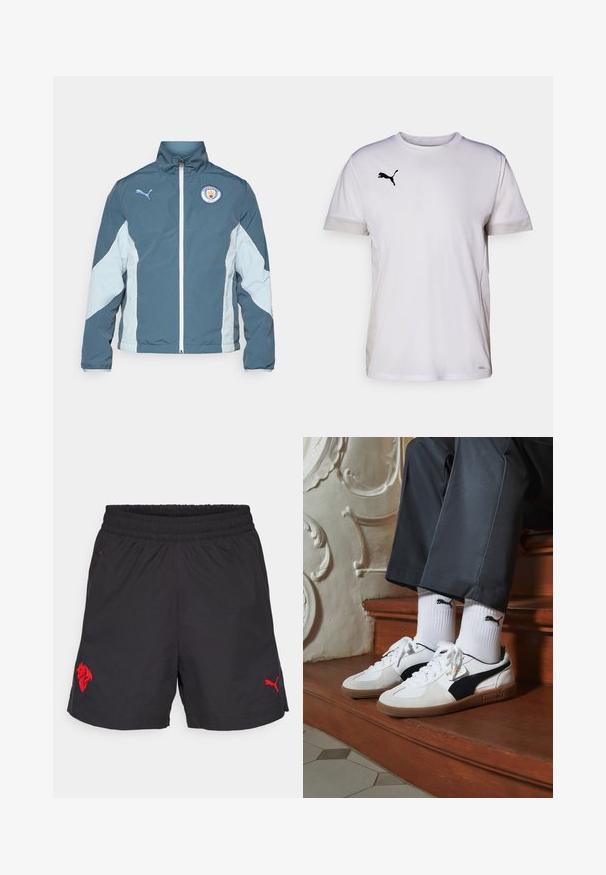 Bunda na vetry v tmavom teal a svetlom modrom, s predným zipsom, vysokým golierom a logom Manchester City na hrudi.; Biele krátke tričko s krátkym rukávom športového strihu s okrúhlym výstrihom, so vzdušnými sieťovinovými detailmi na bokoch a čiernym logom Puma na hrudi.; Čierne športové šortky s elastickým pásom, s červeným logom leva a červeným logom Puma na dolnej strane. Ľahký materiál, hladká textura.; Tenisky Puma v bielej a čiernej z semišu, s hnedou gumovou podrážkou. Kombinované s bielymi ponožkami s čiernym logom, nosené s tmavými nohavicami.