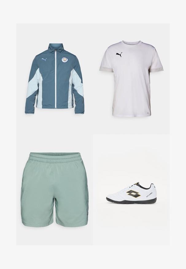 Tume smaragdrohe ja helesinise tuulejope, millel on tõmblukk, kõrge krae ja Manchester City logo rinnal.; Valge lühikeste varrukatega spordipaita ümmarguse kaelusega, külgedel hingavate võrgumaterjalide aktsentidega ja musta Puma logo rinnal.; Kerged roheline spordilühikesed püksid elastse vöökoha, sileda tekstuuri ja õmblusdetailidega. Küljel on väike logo.; Valged spordijalatsid mustade ja kollaste aktsentidega, millel on tekstuuriga pealisosa, ümmargune nina ja must kummist tallad. Disain sisaldab logo detaile külgedel.