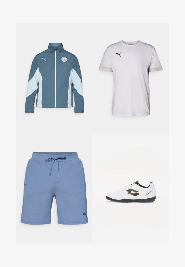Bunda s větrovkou v tmavě modré a světle modré barvě, vybavená zipovým uzávěrem, vysokým límcem a logem Manchester City na hrudi.; Bílé atletické tričko s krátkým rukávem a kulatým výstřihem, disponující prodyšnými síťovanými detaily po stranách a černým logem Puma na hrudi.; Světlé modré sportovní šortky s elastickým páskem a nastavitelnou šňůrkou. Na dolní části nohy je malé tmavé logo.; Bílé sportovní boty s černými a žlutými akcenty, s texturovaným svrškem, kulatou špičkou a černou gumovou podrážkou. Design zahrnuje detail loga na boku.