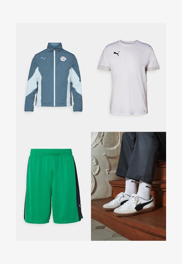 Chaqueta cortavientos en azul oscuro y azul claro, con cierre de cremallera en la parte delantera, cuello alto y el logo del Manchester City en el pecho.; Camiseta atlética blanca de manga corta con cuello redondo, que cuenta con acentos de malla transpirable en los lados y un logo negro de Puma en el pecho.; Pantalones cortos deportivos verdes con un panel lateral negro, cinturilla elástica y textura transpirable. Presenta un logo sutil en la parte inferior derecha.; Zapatillas Puma en gamuza blanca y negra, con una suela de goma marrón. Combinadas con calcetines blancos que muestran un logo negro, llevados con pantalones oscuros.