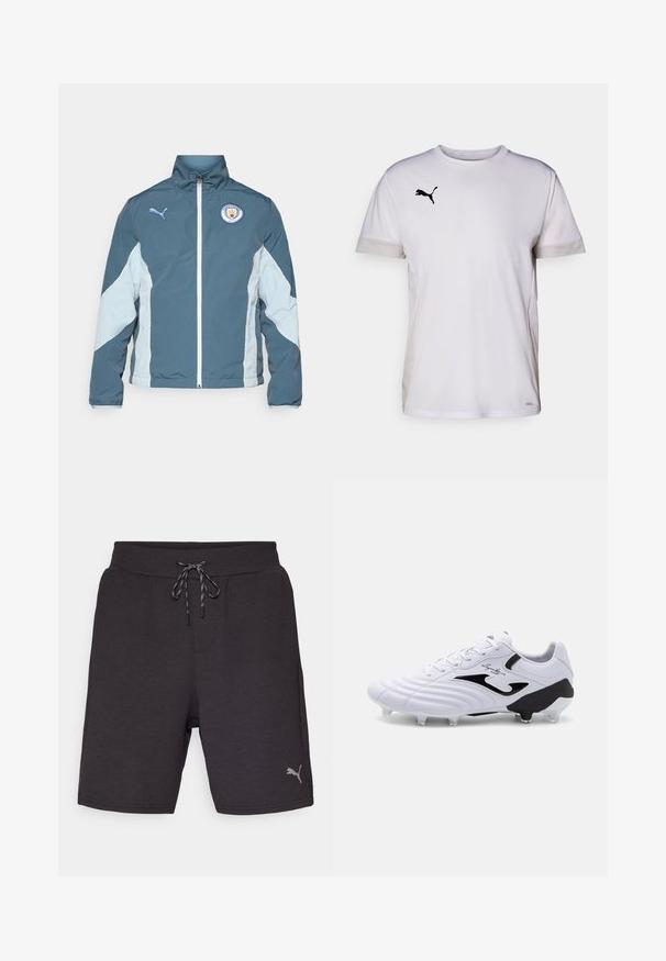 Vetrovka v temno teal in svetlo modri barvi, z zadrgo spredaj, visokim ovratnikom in logotipom Manchester City na prsih.; Bela športna majica s kratkimi rokavi in okroglim izrezom, ki vključuje zračne mrežaste dodatke na straneh ter črni Puma logo na prsih.; Moške temno sive atletske kratke hlače iz mehkega materiala, z elastičnim pasom in vrvico ter majhnim srebrnim logotipom na strani.; Bela nogometna kopačka z teksturiranim sintetičnim zgornjim delom, črnimi detajli, vezalkami in šestimi prozornimi žebljički na črnem podplatu za oprijem.