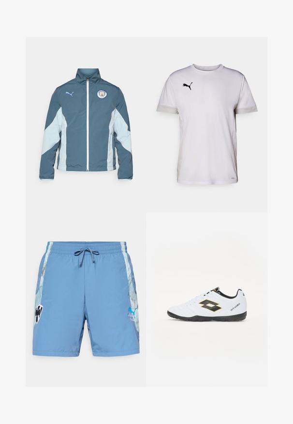 Chaqueta cortavientos en azul oscuro y azul claro, con cierre de cremallera en la parte delantera, cuello alto y el logo del Manchester City en el pecho.; Camiseta atlética blanca de manga corta con cuello redondo, que cuenta con acentos de malla transpirable en los lados y un logo negro de Puma en el pecho.; Bañador azul hecho de material ligero. Cuenta con una cintura elástica con cordón ajustable y acentos de logo en los costados.; Zapatillas deportivas blancas con acentos en negro y amarillo, que cuentan con un upper texturizado, punta redonda y suela de goma negra. El diseño incluye un detalle de logo en el lateral.