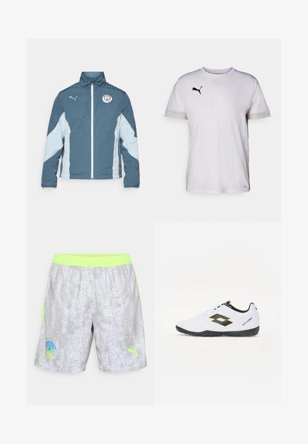 Vetrovka v temno teal in svetlo modri barvi, z zadrgo spredaj, visokim ovratnikom in logotipom Manchester City na prsih.; Bela športna majica s kratkimi rokavi in okroglim izrezom, ki vključuje zračne mrežaste dodatke na straneh ter črni Puma logo na prsih.; Svetlo sivi športni šortsi z neonsko zelenim pasom in stranskimi črtami, na sprednji strani s grbom Manchester City in logotipom Puma.; Bele športne čevlje z črnimi in rumenimi detajli, z teksturiranim zgornjim delom, okroglo konico in črnim gumijastim podplatom. Oblikovanje vključuje logotip na strani.