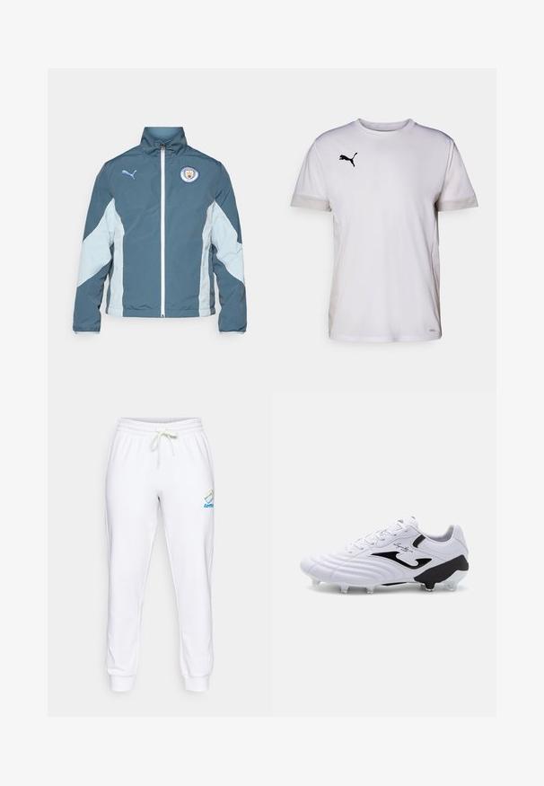 Chaqueta cortavientos en azul oscuro y azul claro, con cierre de cremallera en la parte delantera, cuello alto y el logo del Manchester City en el pecho.; Camiseta atlética blanca de manga corta con cuello redondo, que cuenta con acentos de malla transpirable en los lados y un logo negro de Puma en el pecho.; Pantalones de chándal blancos de algodón con cinturilla elástica, cordón ajustable y detalle de logo en colores azul y arcoíris en el muslo izquierdo.; Botas de fútbol blancas con parte superior sintética texturizada, acentos en negro, cierre de cordones y seis tachuelas transparentes en una suela negra para tracción.