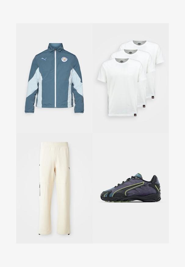 Windbreaker-Jacke in Dunkelblau und Hellblau, mit durchgehendem Reißverschluss, hohem Kragen und dem Manchester City-Logo auf der Brust.; Drei schlichte weiße Baumwoll-T-Shirts mit kurzen Ärmeln. Jedes Shirt hat einen runden Ausschnitt und ein kleines schwarzes Logotipo auf der linken Seite.; Helle beige Jogginghose aus weichem Stoff. Mit schwarzem Logo, seitlichen Taschen mit Reißverschluss und lockerer Passform.; Schwarze und lila Sportschuhe mit einer strukturierten Oberseite, grünen Akzentlinien und einer Gummisohle mit einem wellenförmigen Design. Mit Schnürverschluss.