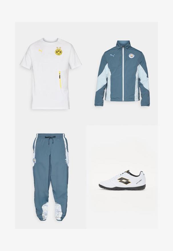 Tuulitakki tummansinisessä ja vaaleansinisessä, jossa on vetoketjukiinnitys, korkea kaulus ja Manchester Cityn logo rinnassa.; Valkoinen lyhythihainen urheilupaita, jossa on keltainen BVB-logo, keltaisia yksityiskohtia ja vetoketjullinen tasku vasemmalla puolella edessä. Kevyt materiaali.; Sinisiä track-housuja, joissa on elastinen vyötärö ja naru. Sivusaumoissa on valkoinen kuviointi. Mukana brändin logopatch.; Valkoiset urheilukengät mustilla ja keltaisilla yksityiskohdilla, joissa on teksturoitu päällinen, pyöreä kärki ja musta kumipohja. Suunnittelussa on logotieto sivulla.