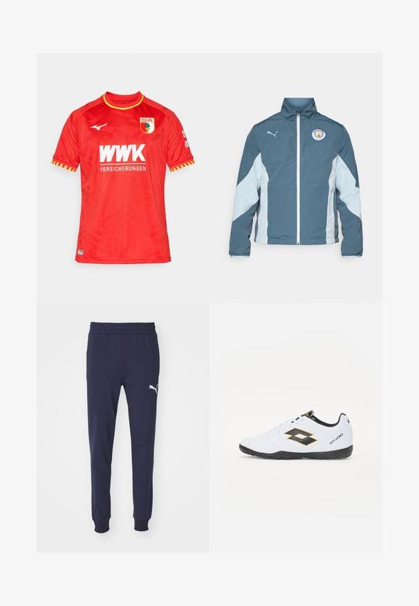 Tamsiai mėlynas ir šviesiai mėlynas vėjavėju, turintis užtrauktuką priekyje, aukštą apykaklę ir Mančesterio miesto logotipą ant krūtinės.; Raudona sportinė marškinė su trumpomis rankovėmis, apvaliu iškirpimu, tekstūrine raštine, geltonais akcentais ant rankovių ir spausdintais logotipais priekyje ir ant rankovių.; Tamsiai mėlynos sportinės kelnės su elastingu juosmeniu, siaurėjantys kojos, ir baltu Puma logotipu kairėje šlaunyje. Sklandžiai, švelniai audinio tekstūra.; Baltos sportinės bateliai su juodais ir geltonais akcentais, turintys tekstūruotą viršutinę dalį, apvalią nosį ir juodą guminius padus. Dizainas apima logotipo detalę šone.