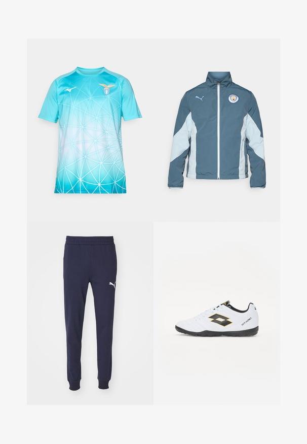 Vindjakke i mørk teal og lys blå, med lynlås fortil, høj krave og Manchester City-logo på brystet.; Lyseblå sportsjersey med hvid geometrisk webmønster, S.S. Lazio-logo på højre bryst og Mizuno-logo på venstre bryst.; Mørkeblå sweatpants med elastisk talje, indsnørede ben og hvid Puma-logo accent på venstre lår. Glat, blød stofstruktur.; Hvide sportsko med sorte og gule accenter, med en tekstureret overdel, rund tå og en sort gummisål. Designet inkluderer et logo-detalje på siden.