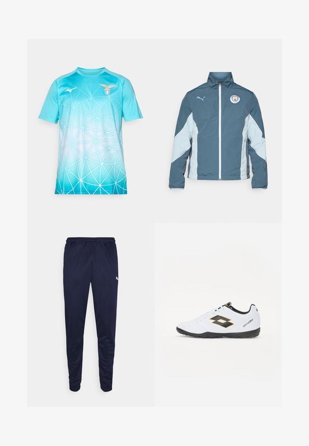 Jachetă windbreaker în albastru închis și albastru deschis, cu fermoar frontal, guler înalt și logo-ul Manchester City pe piept.; Tricou sportiv de culoare albastru deschis cu un model geometric alb, logo-ul S.S. Lazio pe pieptul drept și logo-ul Mizuno pe pieptul stâng.; Pantaloni atletici de culoare bleumarin, realizați dintr-un material ușor, cu talie elastică și picioare conice. Detaliu mic cu logo alb pe lateral.; Pantofi sport albi cu accente negre și galbene, având un superior texturat, vârful rotund și o talpă din cauciuc negru. Designul include un detaliu cu logo pe lateral.