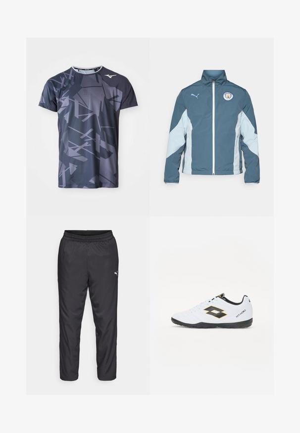 Vindjakke i mørk teal og lys blå, med glidelås foran, høy krage og Manchester City-logo på brystet.; Sport t-skjorte laget av lett stoff, med en mørkegrå base og abstrakte lysegrå geometriske mønstre samt en rund halsdesign.; Sorte treningsbukser laget av glatt, lett materiale. Har elastisk midjebånd og en liten hvit logo på venstre side.; Hvite sportsko med svarte og gule detaljer, med en teksturert overflate, rund tå og en svart gummisåle. Designet inkluderer et logodetalj på siden.