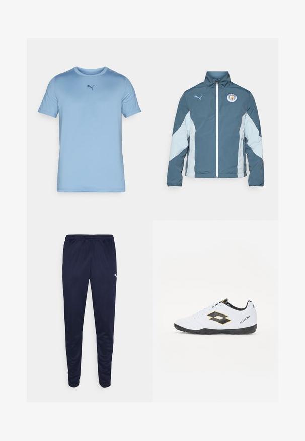 Sötét teal és világoskék szélálló dzseki, amely zipzárral, magas gallérral és a Manchester City logójával rendelkezik a mellkason.; Világoskék, rövid ujjú póló sima anyagból. Kerek nyakú és egy kis sötétkék Puma logo található a mellkasán.; Tengerészek sportnadrágja könnyű anyagból, elasztikus derékkal és szűkített lábszárral. Kicsi fehér logó a szélén.; Fehér sportcipő fekete és sárga kiegészítőkkel, textúrázott felsőrésszel, kerek orral és fekete gumitalppal. A dizájn tartalmaz egy logó részletet az oldalon.
